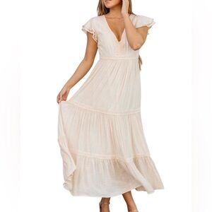 Baltic Born Cream Maxi Dress with V-Neck and Flutter Sleeves
